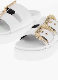 Versace Jeans Couture Faux Leather Arizona Sandals With Golden Buckl White