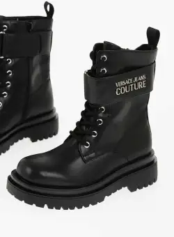 Versace Jeans Couture Faux Leather Drew Combat Boots With Metal Logo Black