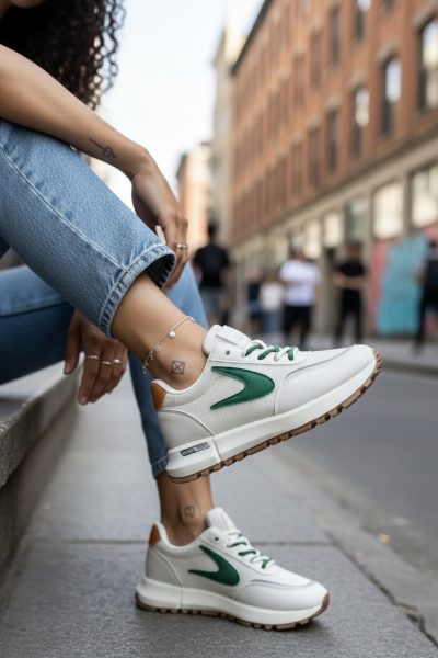 Adidasi dama casual  albi cu verde 266  N9-2