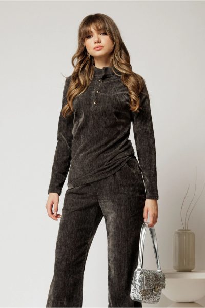 Bluza DY Fashion gri din catifea velurata cu nasturi la bust