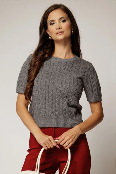 Bluza gri din tricot cu maneca scurta si paiete mici