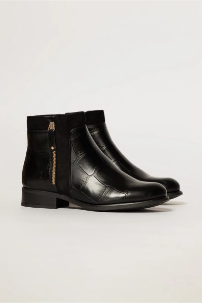 Botine negre elegante cu toc jos si textura piele de crocodil