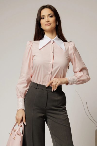 Camasa roz din poplin cu guler ascutit si mansete cu dantela