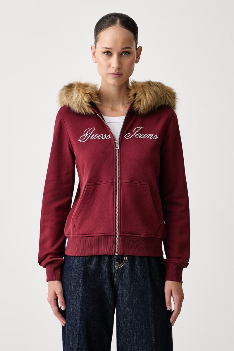 Guess Jeans  hanorac cu fermoar și glugă pentru femei din bumbac