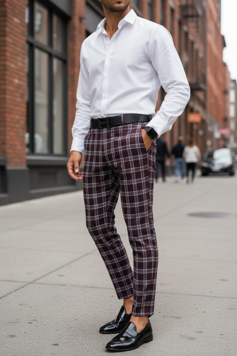 Pantaloni barbati eleganti grena  in carouri B1626  F7-5