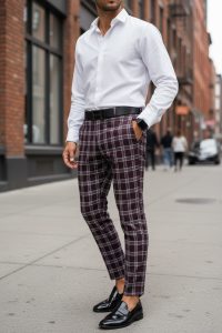 Pantaloni barbati eleganti grena  in carouri B1626  F7-5