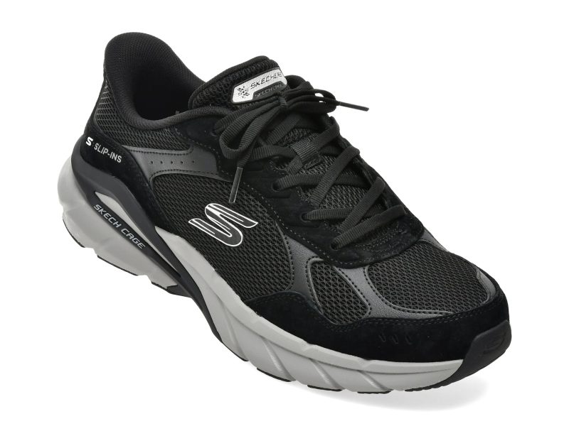 Pantofi sport SKECHERS negri, SKECH CAGE, din material textil si piele naturala