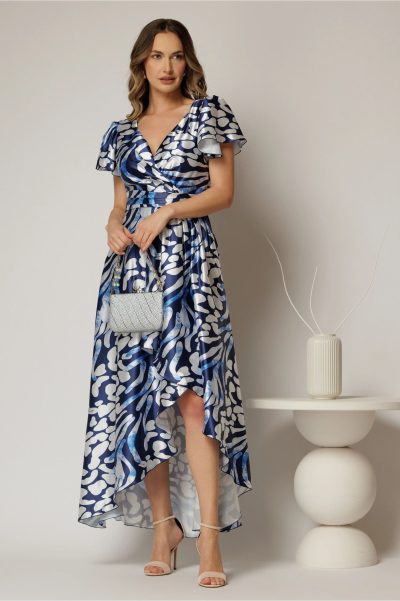 Rochie asimetrica din satin cu imprimeuri bleumarin si decolteu petrecut