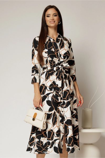 Rochie de zi midi neagra cu imprimeuri bej tip camasa cu cordon in talie