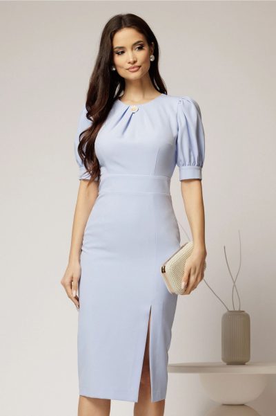 Rochie DY Fashion bleu conica cu maneci bufante scurte si detaliu la decolteu