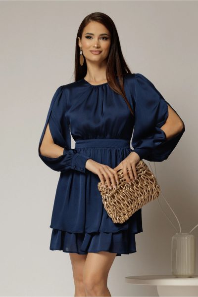 Rochie DY Fashion bleumarin scurta din voal cu manecile sparte si fusta suprapusa