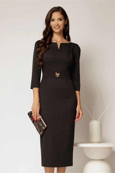 Rochie DY Fashion conica neagra cu decupaj la bust si accesoriu pe talie