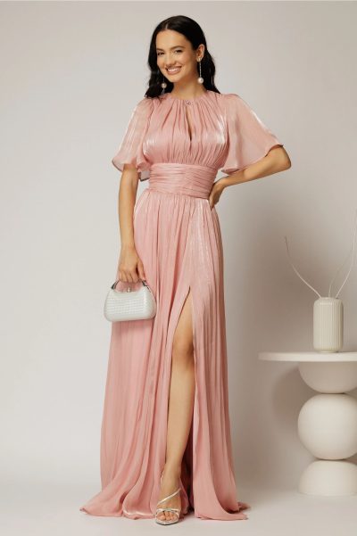 Rochie DY Fashion lunga roz de seara din voal peliculizat