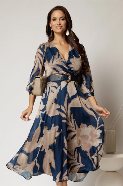 Rochie DY Fashion midi albastru petrol din voal satinat cu imprimeu bej