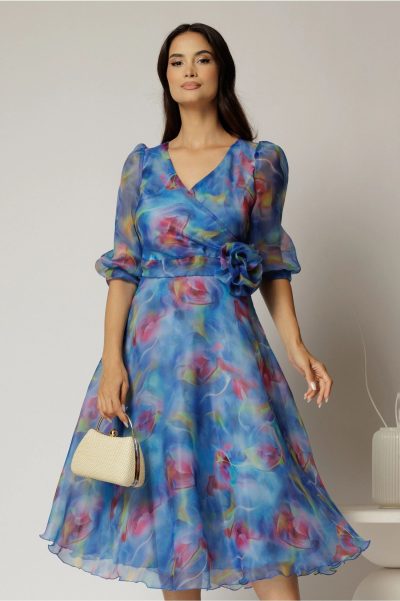 Rochie DY Fashion midi din organza cu imprimeuri albastre