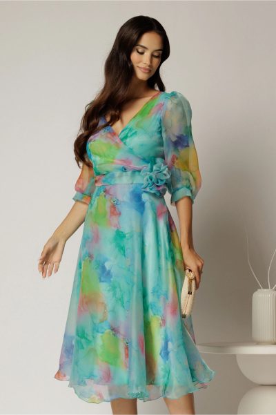 Rochie DY Fashion midi din organza cu imprimeuri turcoaz