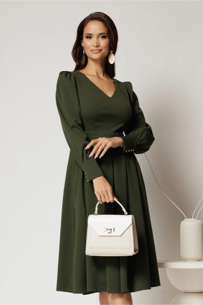Rochie DY Fashion midi kaki cu decolteu in V si pliuri pe fusta