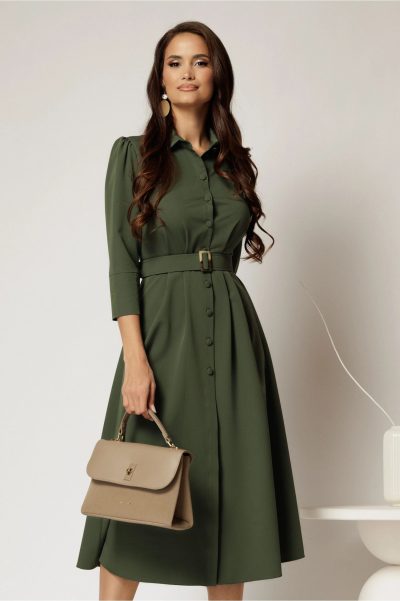 Rochie DY Fashion midi kaki tip camasa cu inchidere cu nasturi
