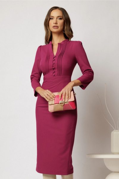 Rochie DY Fashion midi magenta conica cu decolteu in V si nasturi