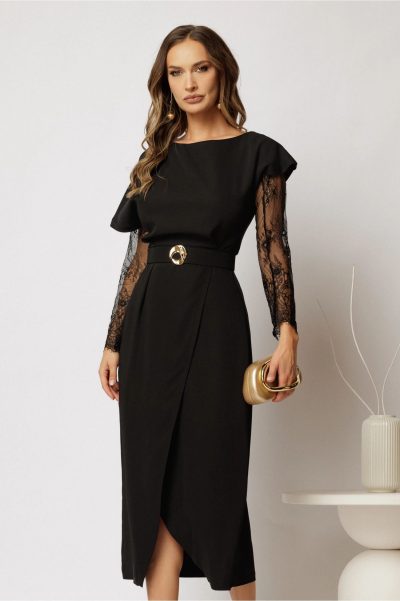 Rochie DY Fashion midi neagra din triplu voal cu croi petrecut