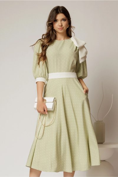 Rochie DY Fashion midi verde fistic cu buline si funda ampla pe umar