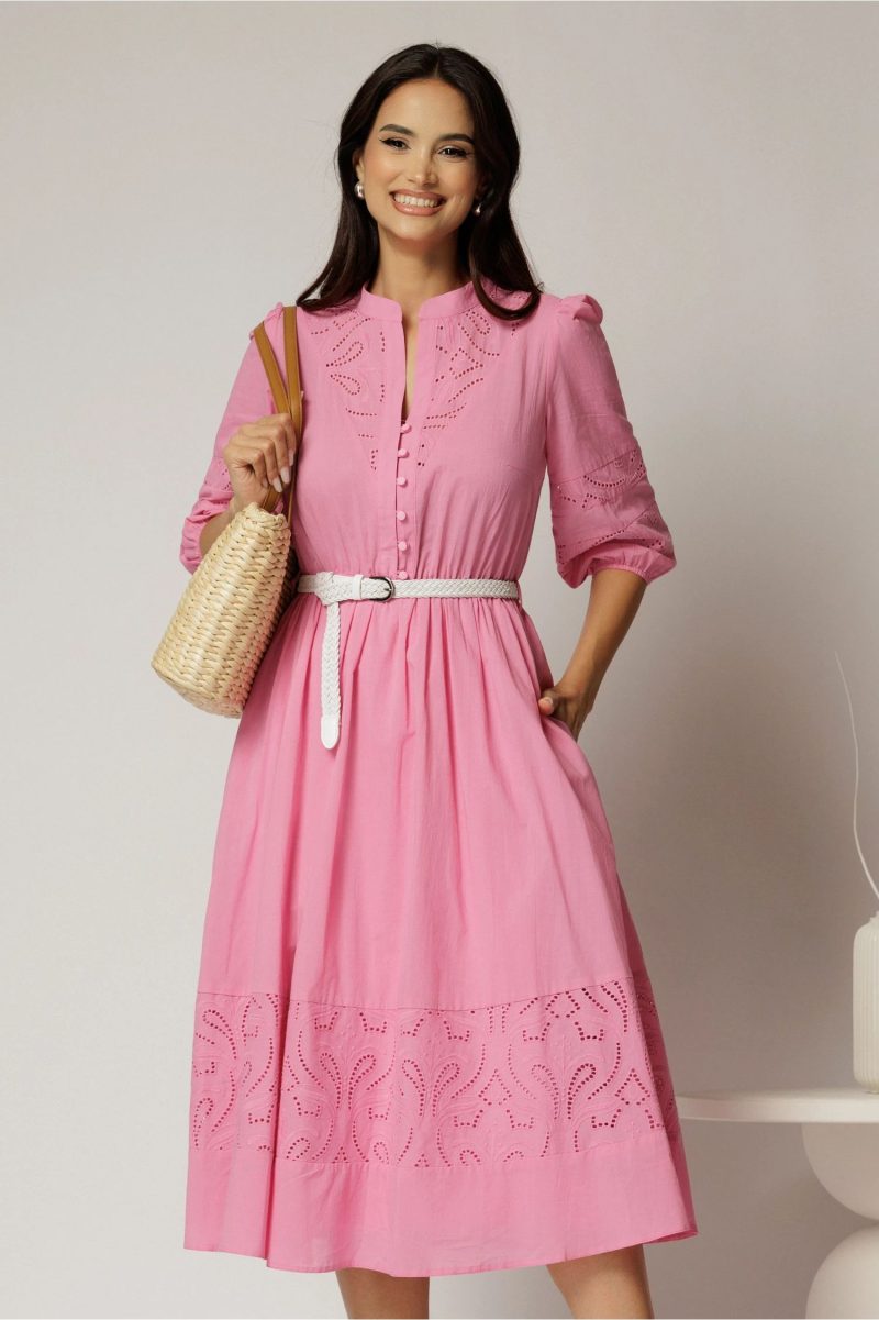 Rochie DY Fashion roz din bumbac cu insertii perforate si curea in talie
