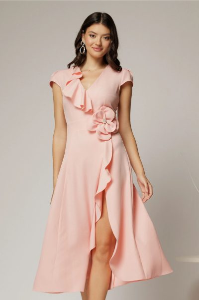 Rochie DY Fashion roz midi cu volanas pe fusta si detaliu amplu foral