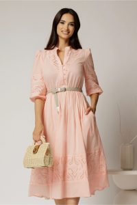 Rochie DY Fashion roz somon din bumbac cu insertii perforate si curea in talie