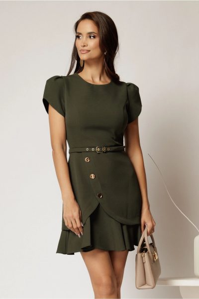 Rochie DY Fashion scurta kaki cu nasturi si volanas la fusta
