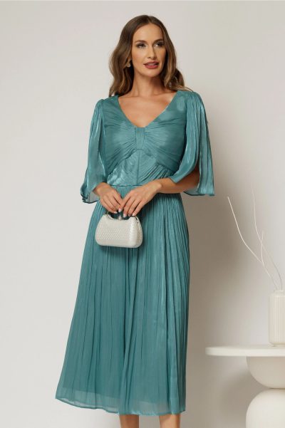 Rochie eleganta turcoaz midi din voal peliculizat cu maneci ample