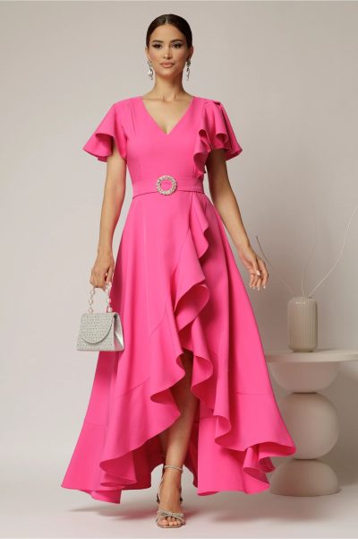 Rochie lunga de ocazie din stofa fucsia cu volane si cordon in talie