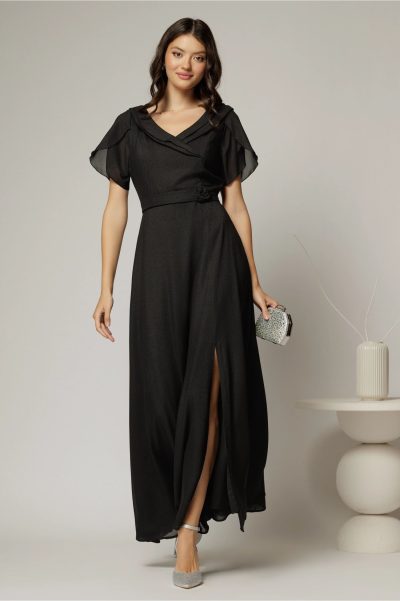 Rochie lunga de ocazie neagra din voal sidefat