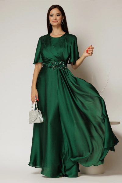 Rochie lunga verde de seara din voal cu accesoriu in talie