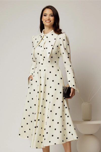Rochie midi alba cu buline si guler ascutit
