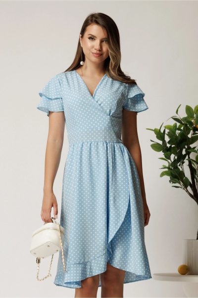 Rochie midi bleu cu buline din triplu voal in clos cu volane la maneci
