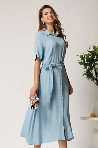 Rochie midi bleu din bumbac in clos cu cordon in talie