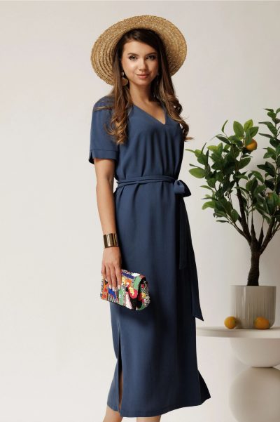 Rochie midi bleumarin din tencel cu croi drept si cordon in talie