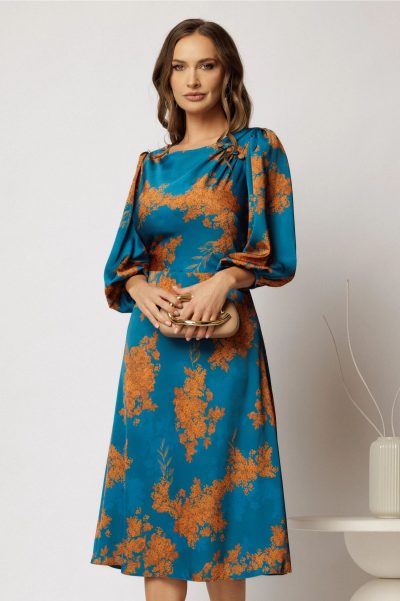Rochie midi din satin turcoaz cu imprimeu caramiziu