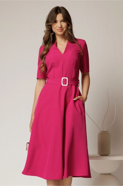 Rochie midi fucsia cu decolteu in V si cordon cu catarama in talie