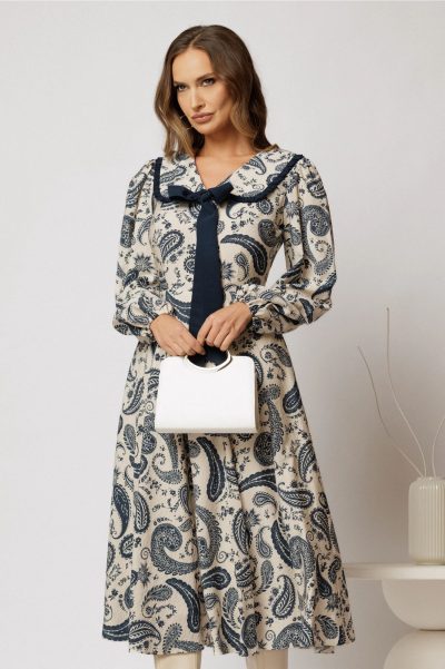 Rochie midi imprimeu floral bleumarin cu guler evidentiat cu volanas