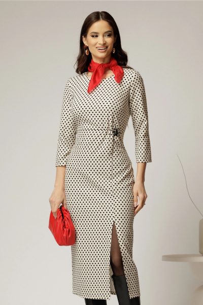 Rochie midi ivoar cu buline negre si detaliu pe talie