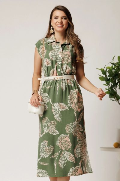 Rochie midi kaki cu imprimeu roz din tencel cu elastic si curea in talie