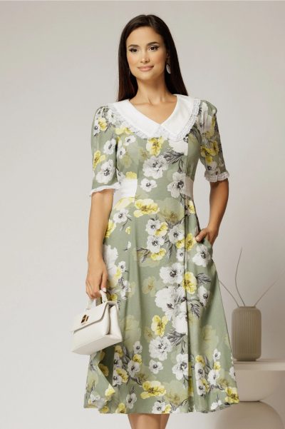 Rochie midi kaki din vascoza cu imprimeu floral si guler alb brodat