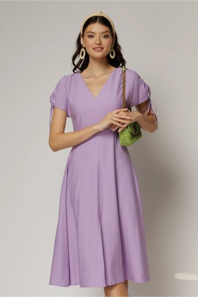 Rochie midi lila din viscoza cu decolteu V si snur la maneci