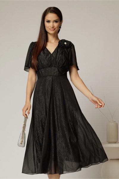 Rochie midi neagra din voal cu fir lurex si floare la umar