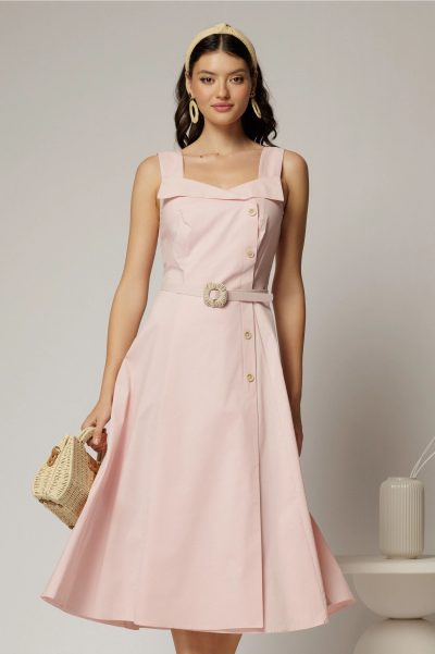 Rochie midi roz din poplin cu nasturi si curea in talie