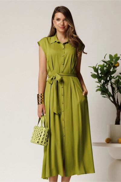Rochie midi verde lime din viscoza cu nasturi si cordon