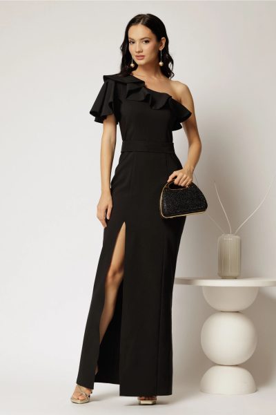 Rochie neagra lunga de ocazie pe un umar cu volanas si slit pe picior