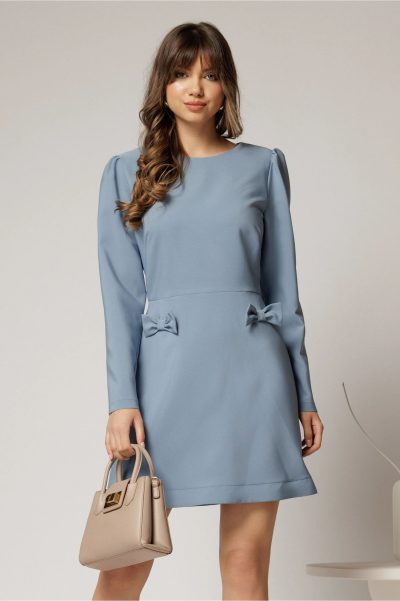 Rochie scurta bleu cu fusta tip A si fundite
