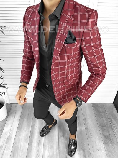 Sacou barbati slim fit grena in carouri B8332 S1